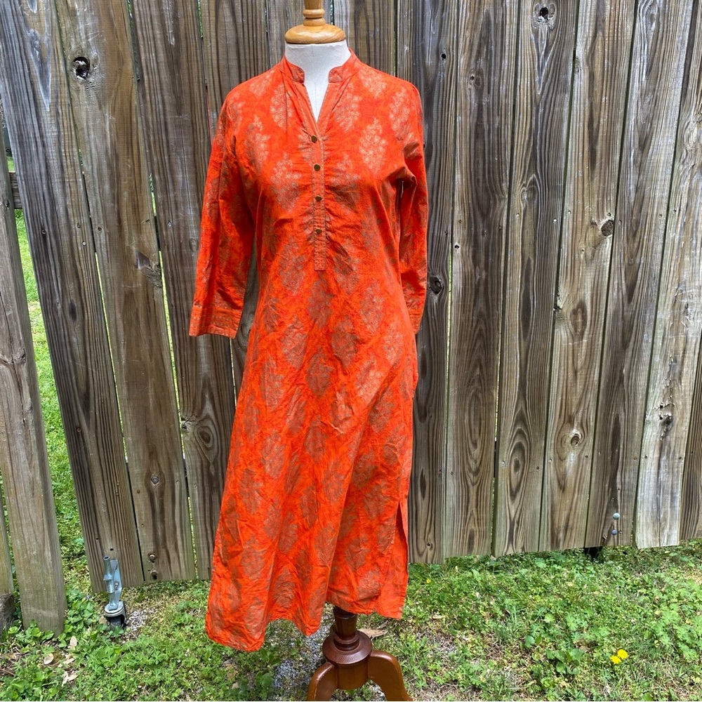 Sabhyata ethnic metallic tunic dress print w slits 3/4 sleeve midi red orange S